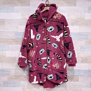 Harry Potter Hooded Full Zip Fleece Robe Red Allover Print Pockets Womens Large